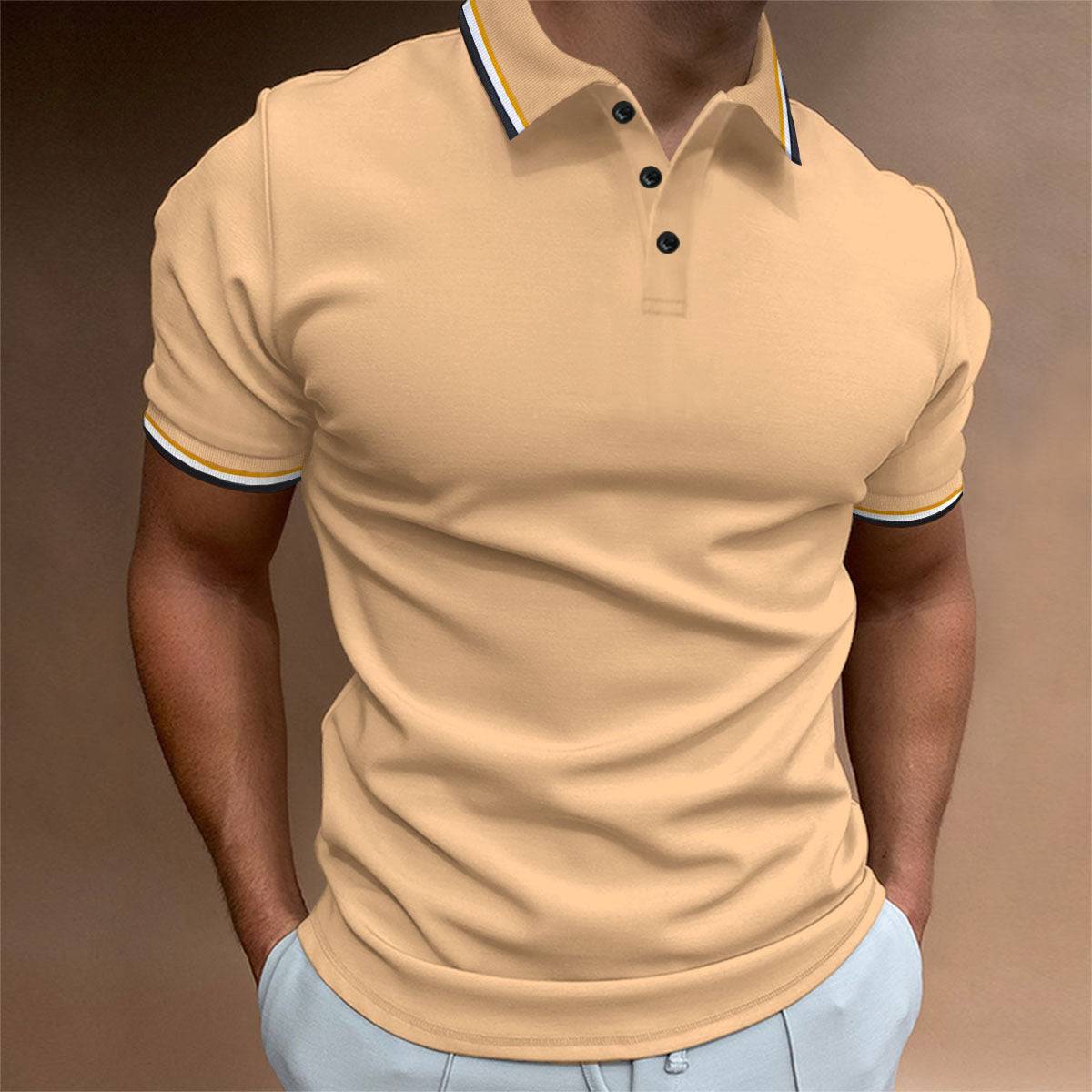 Men's Slim Polo Shirt Rib Striped T-shirt Top - globaltradeleader