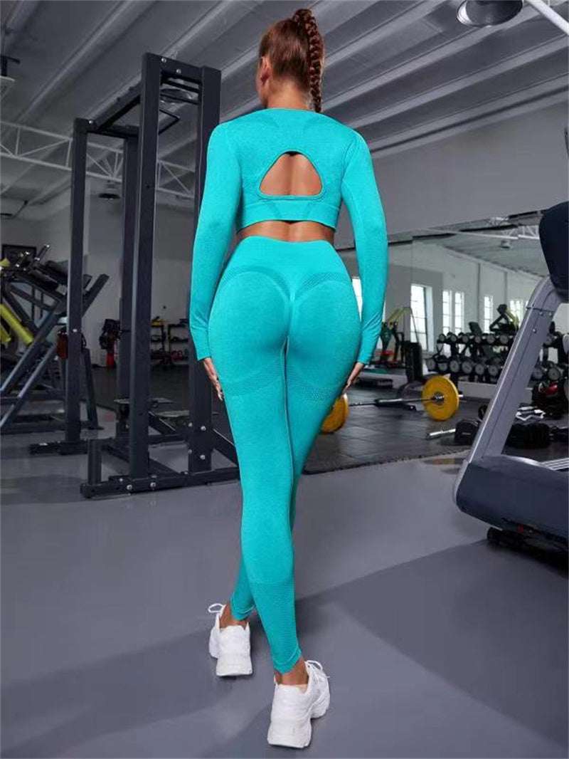2pcs Sports Suits Long Sleeve Hollow Design Tops And Butt Lifting High Waist Seamless Fitness Leggings Sports Gym Sportswear Outfits Clothing - globaltradeleader