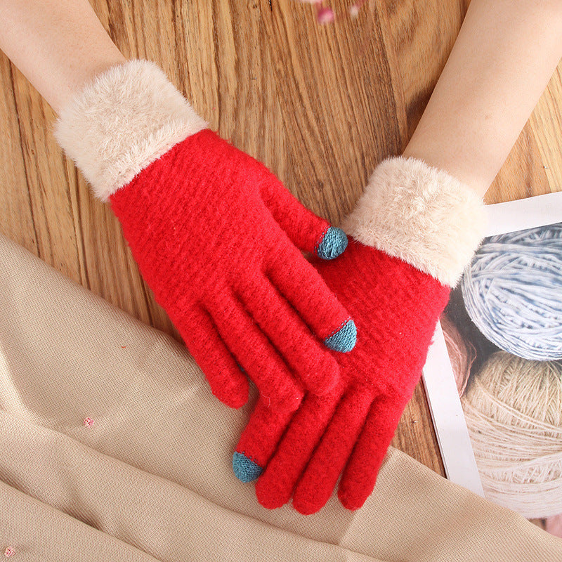 Touch Screen Gloves Female Winter Warm Thickened Knitting Cute Wool Mink-like Velvet Five Finger Gloves - globaltradeleader