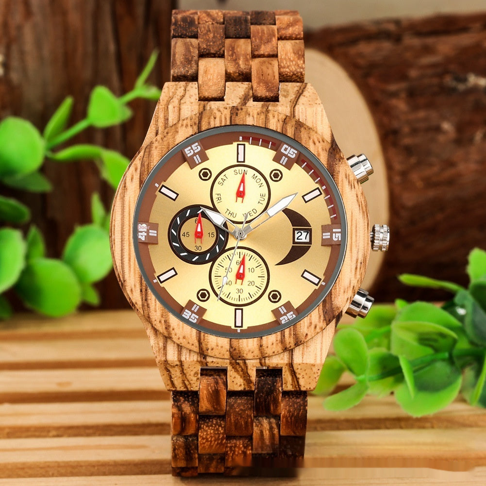 New Multi-functional Calendar Full Wood Band Quartz Watch - globaltradeleader