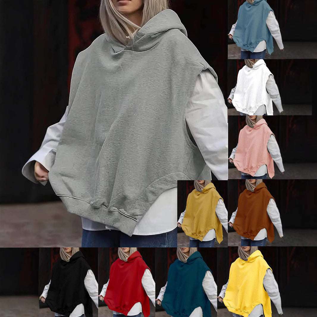 Women's Solid Color Style Loose Sleeveless Hooded Jacket Sweater - globaltradeleader