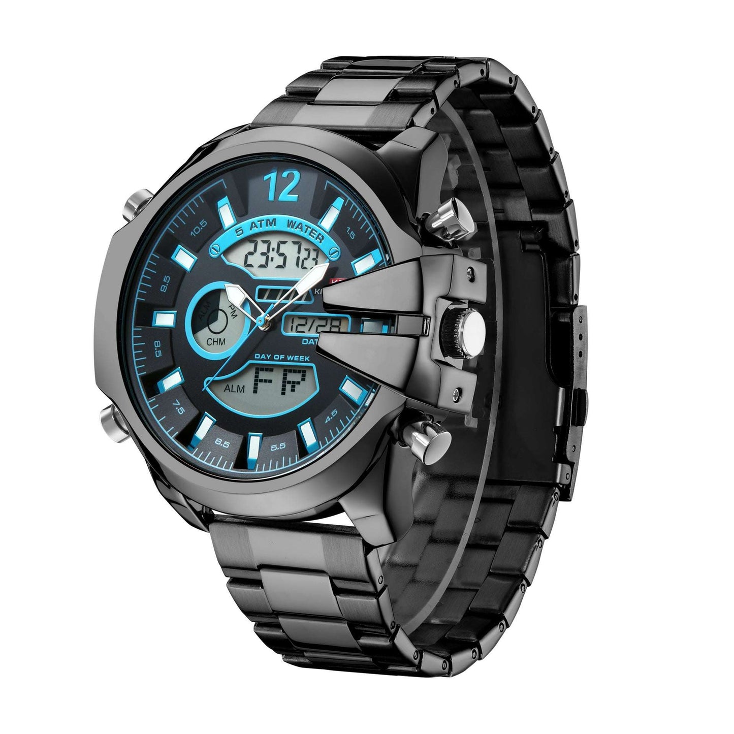 New Men's Double Display Alarm Clock Led Sports Steel Watch Waterproof - globaltradeleader