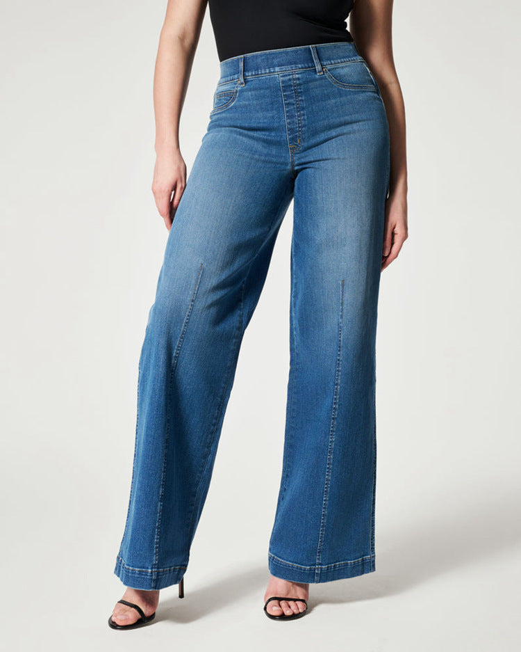 Women's Straight Jeans Mid Waist Wide Leg Pants High Elastic Waist Trousers - globaltradeleader