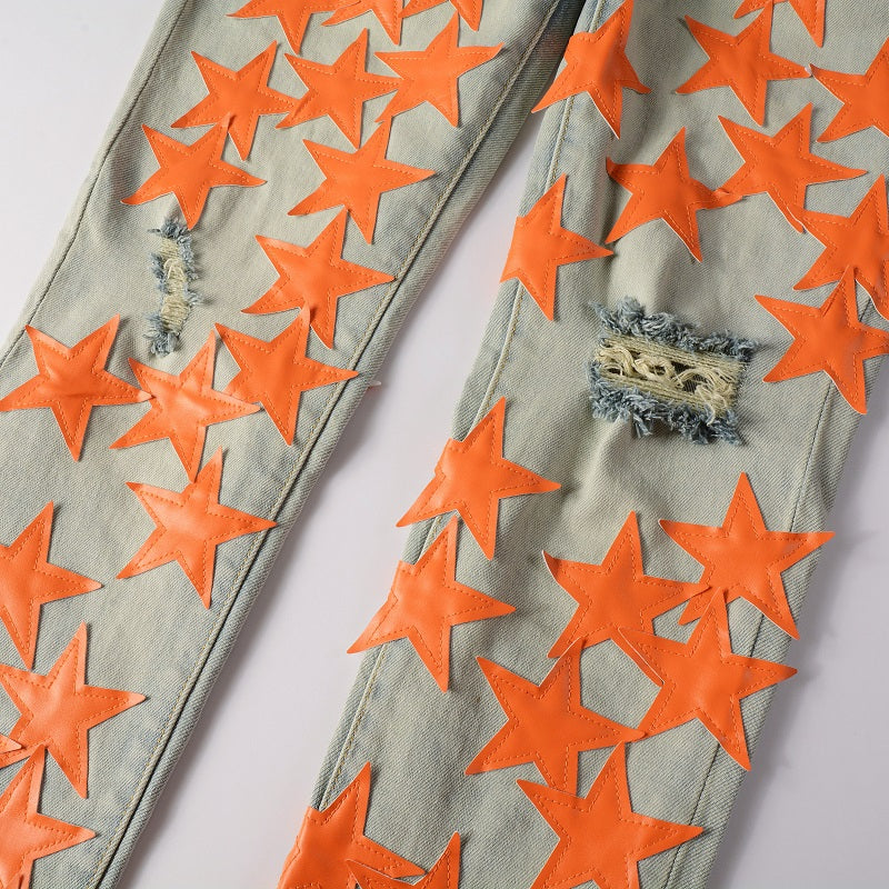 Orange Star Perforated European And American Men's Light Jeans