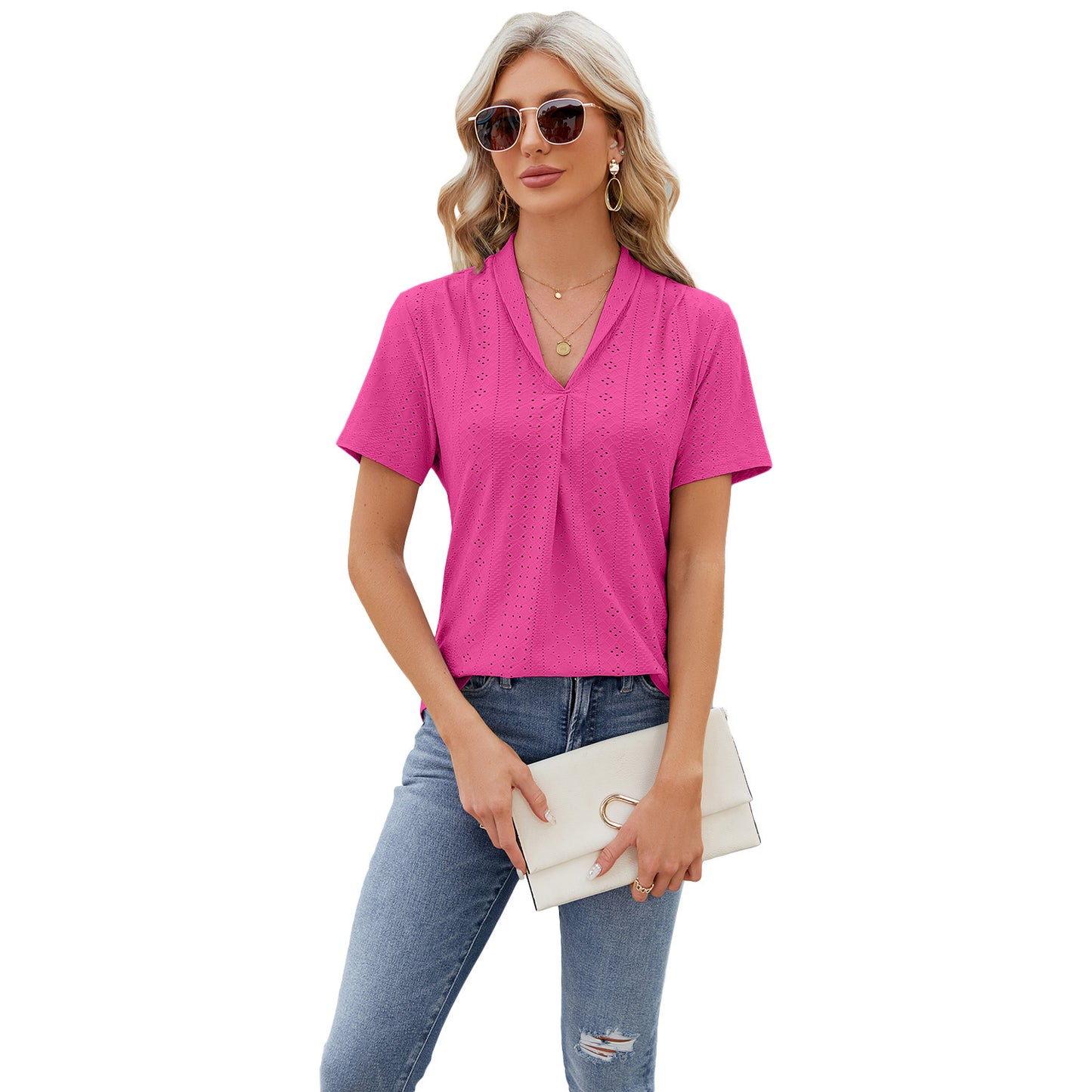 V-neck Hollow Design T-shirt Summer Loose Short-sleeved Top For Womens Clothing - globaltradeleader