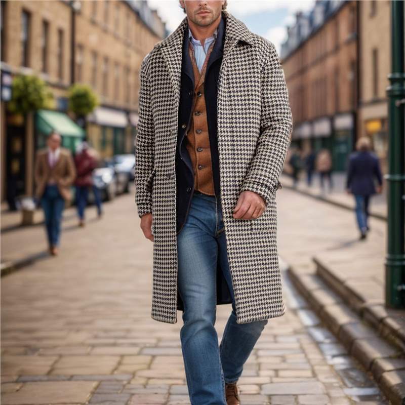Men's Mid-length Woolen Coat Houndstooth Quilted - globaltradeleader