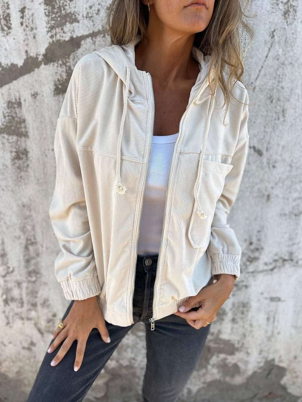 Corduroy Hooded Zip-up Jacket With Pockets Fashion Casual Drawstring Tops Outerwear Women's Clothing - globaltradeleader