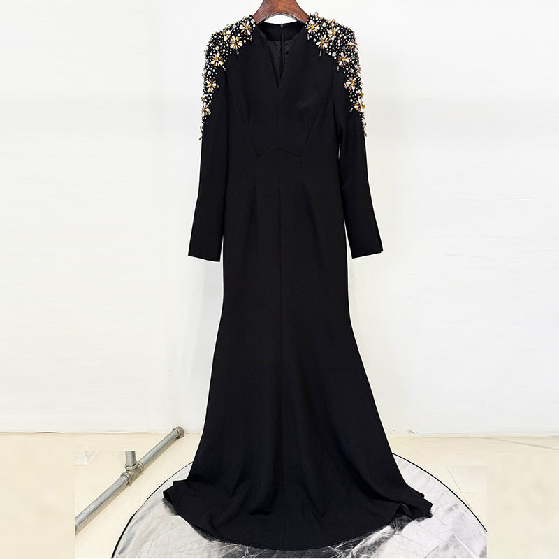 Heavy Industry Beads Diamond Front Slit Small Trailing Dress - globaltradeleader