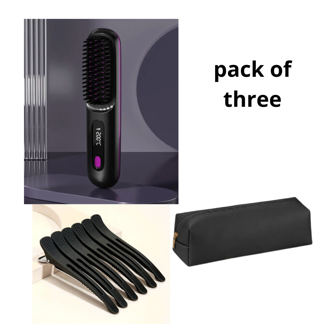 2 In 1 Straight Hair Comb Wireless Hair Straightener Brush Hair Fast Heating Portable Hot Curler USB Charging - globaltradeleader