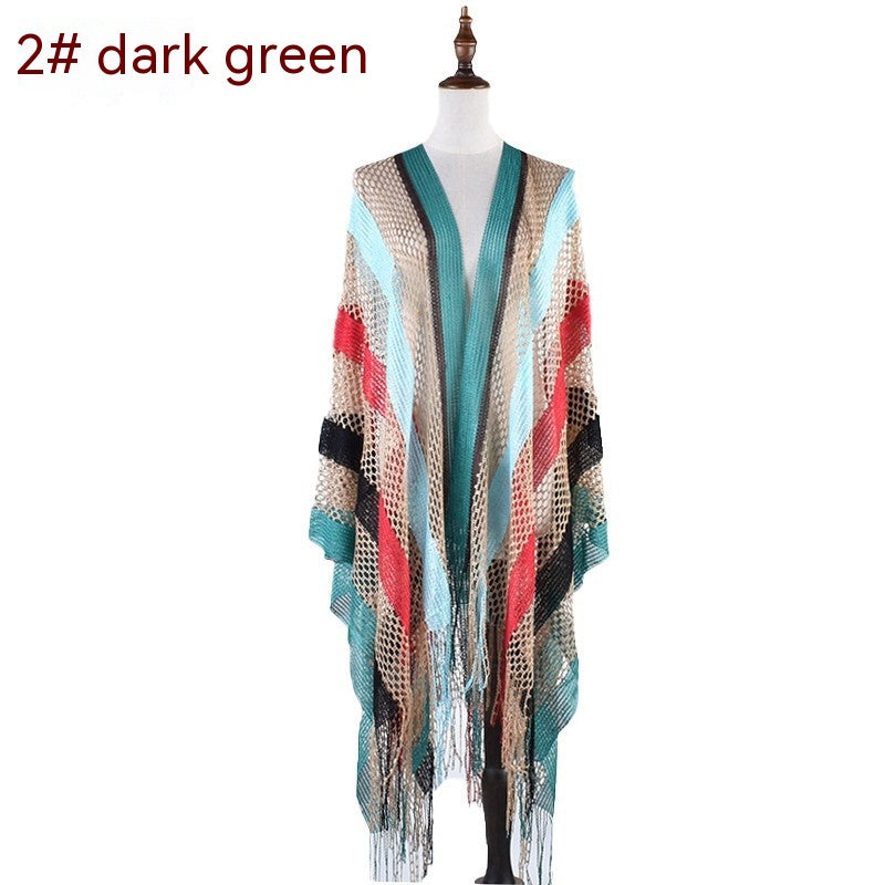 New Korean Style Cutout Long Silk Color Striped Knitted Sunscreen Shawl Thin