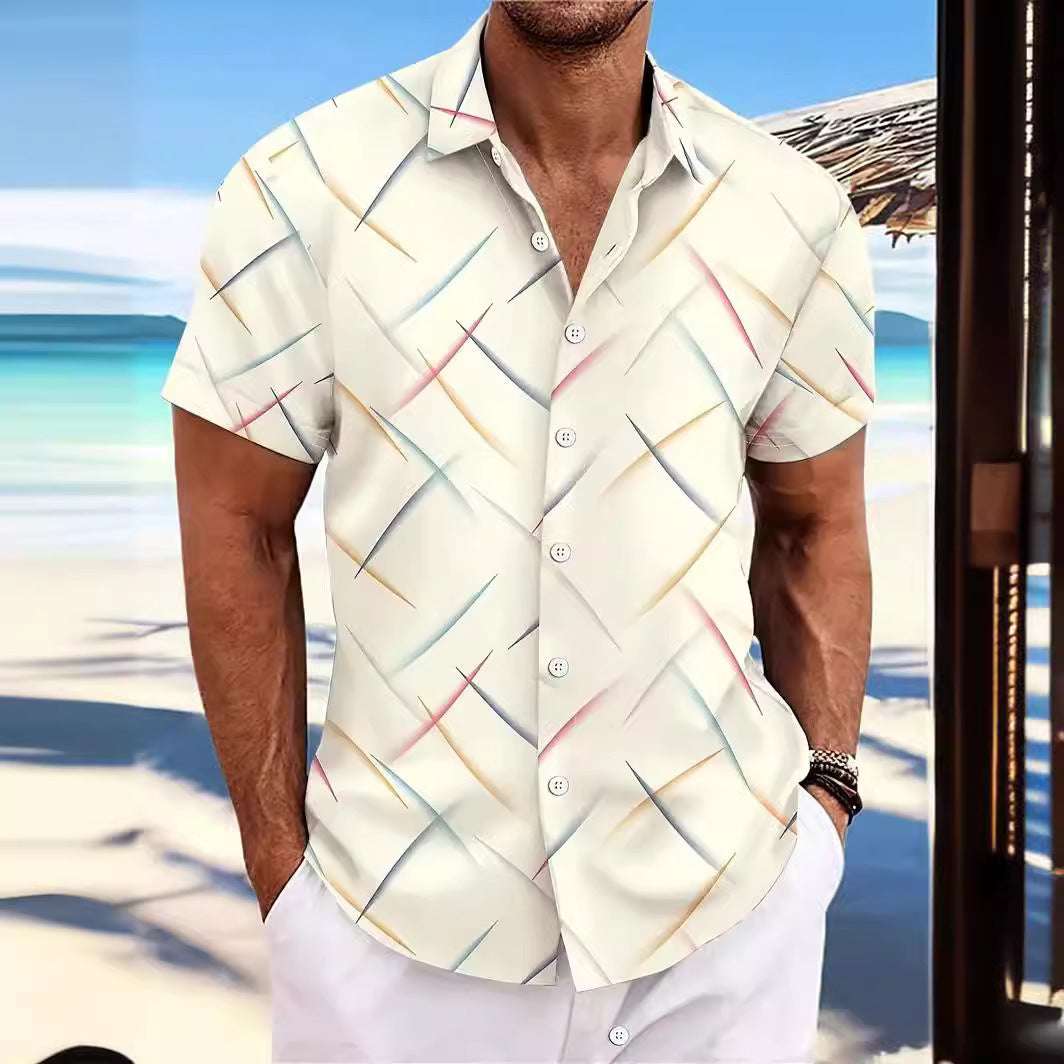 Summer New Men's Striped Feather Casual Beach Short Sleeve Button Shirt - globaltradeleader