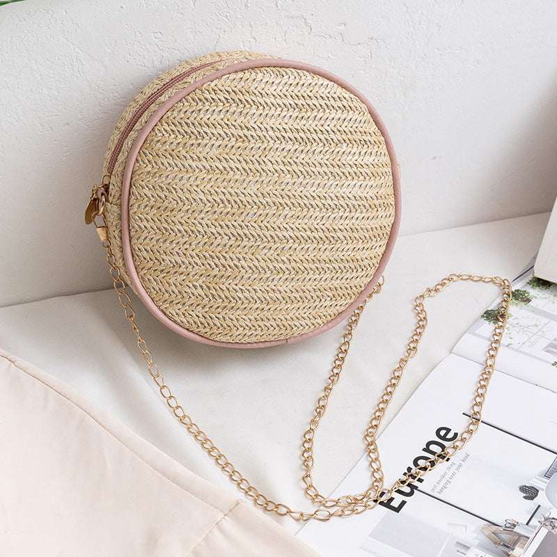Ladies One Shoulder Straw Small Round Bag