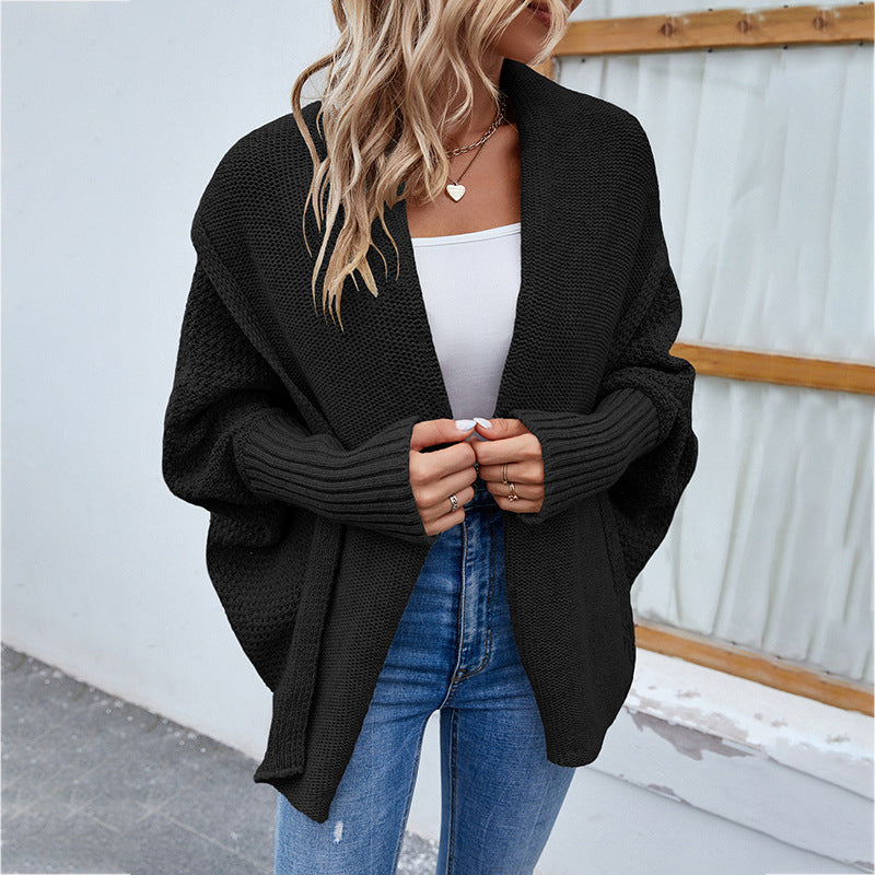 New Loose Knitted Sweater Solid Color Bat Sleeve Large Lapel Cardigan Autumn And Winter Fashion Jacket For Women Clothing - globaltradeleader