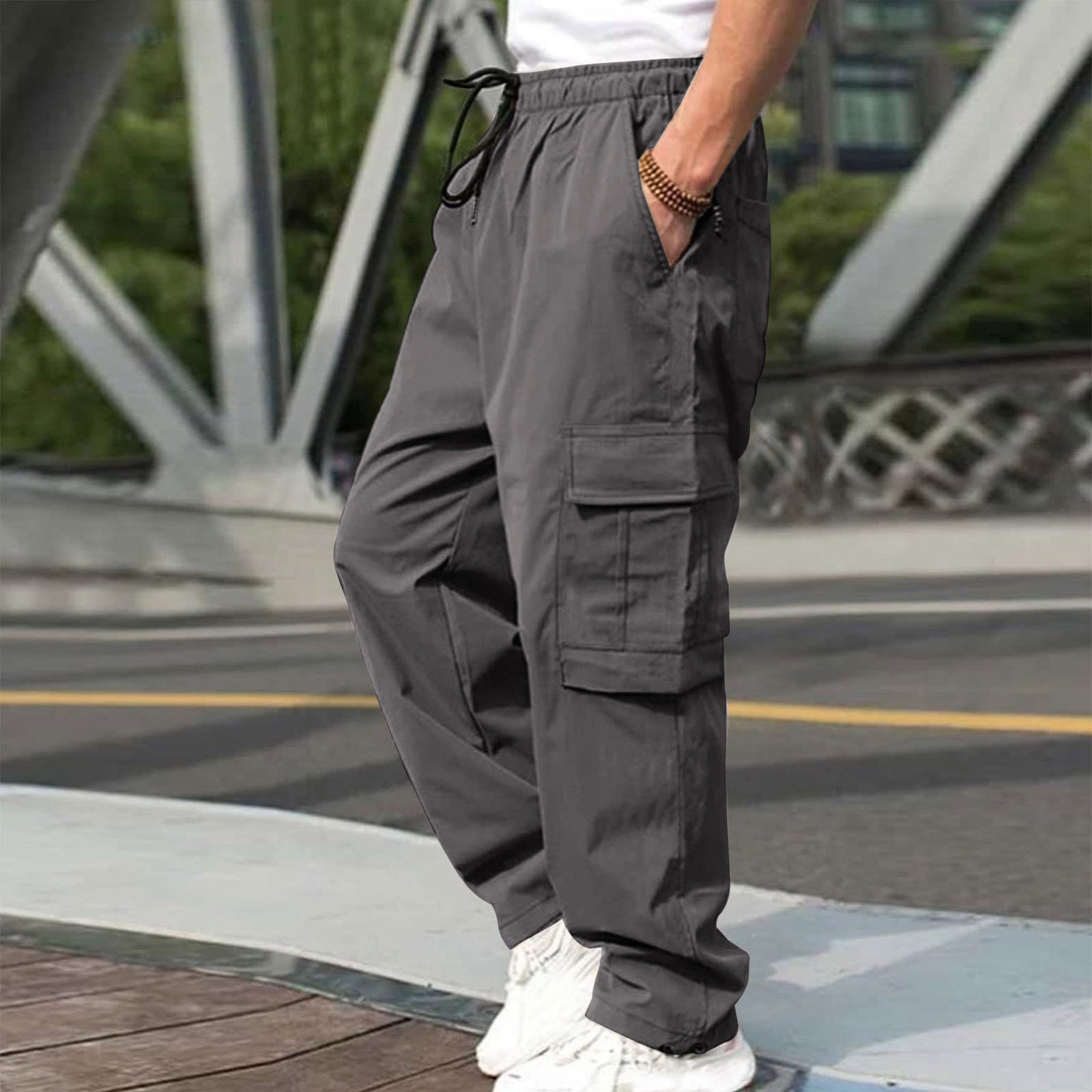 Casual Cargo Pants For Men Loose Straight Drawstring Waist Trousers With Pockets - globaltradeleader