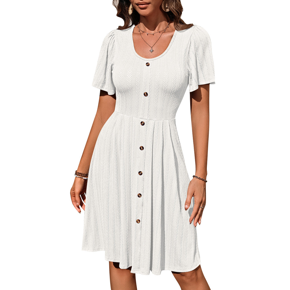 Summer U-neck Short-sleeved Dress With Button Design Fashion Casual Solid Color Holiday Dress For Womens Clothing - globaltradeleader