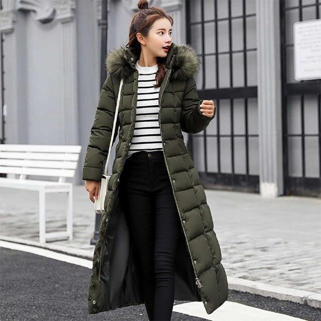 Women's knee-length thick warm hooded solid color down padded jacket with large fur collar