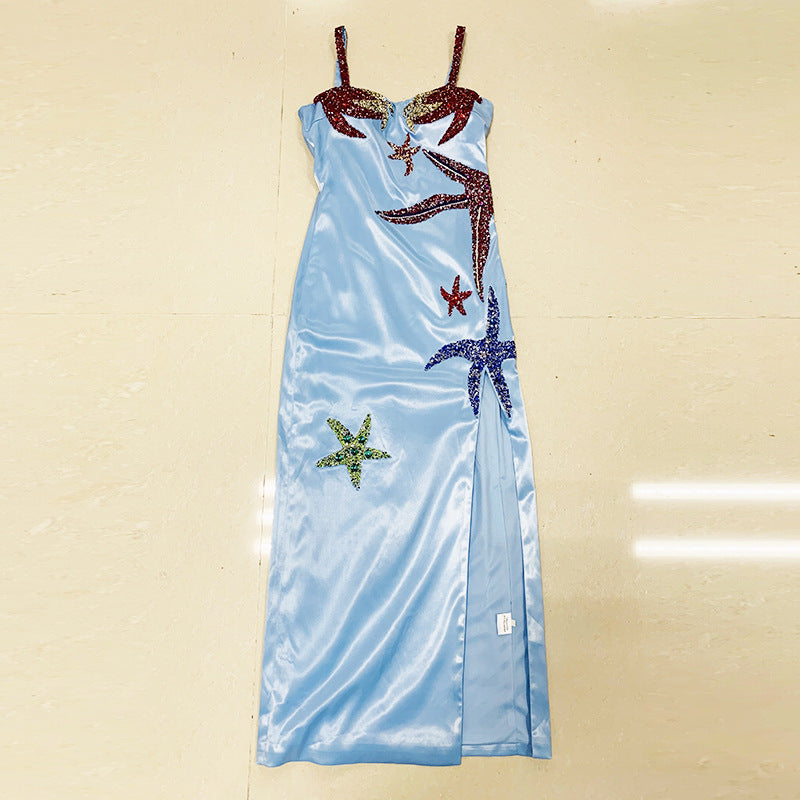 Fashion Holiday Wind Starfish Hot Drill Split Suspender Skirt Mid-length Dress