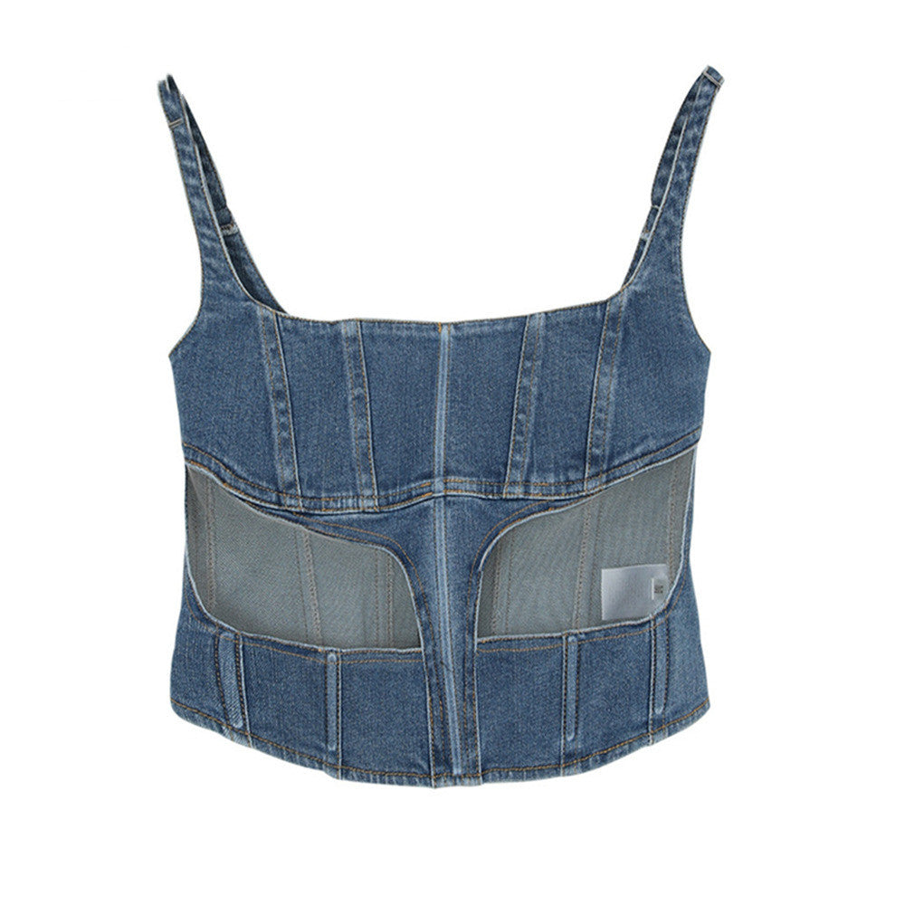 Mesh Panel Denim Tank Top Female