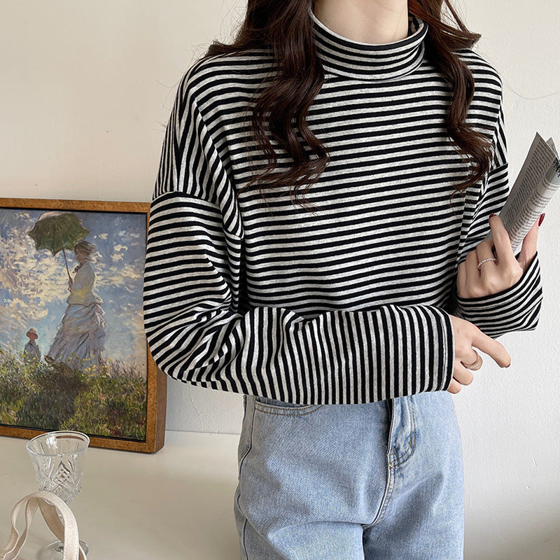 Half High Neck Striped Long Sleeved T Shirt