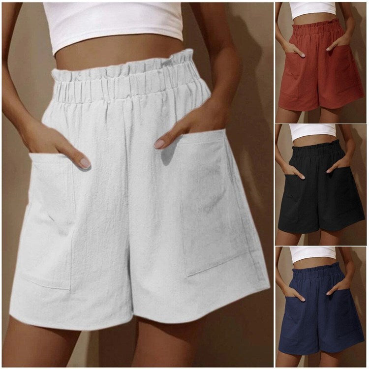 Wide-leg Casual Shorts With Pockets High Waist Elastic Pants Women