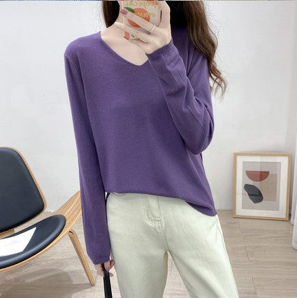 Loose Slimming V-neck Solid Color Long-sleeved Sweater