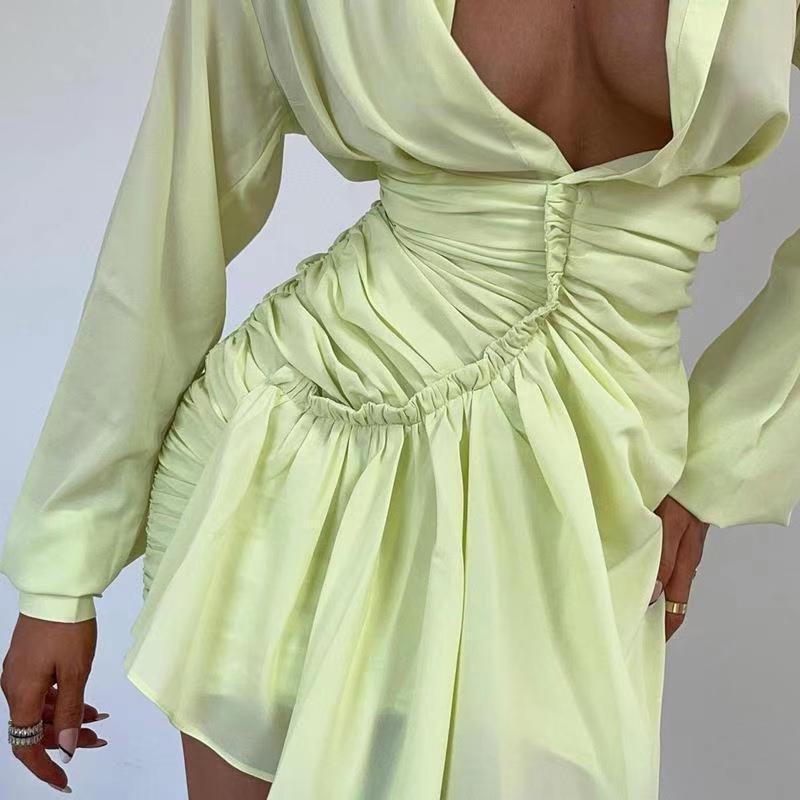 Solid Color Sexy Pleated Shirt Dress Women