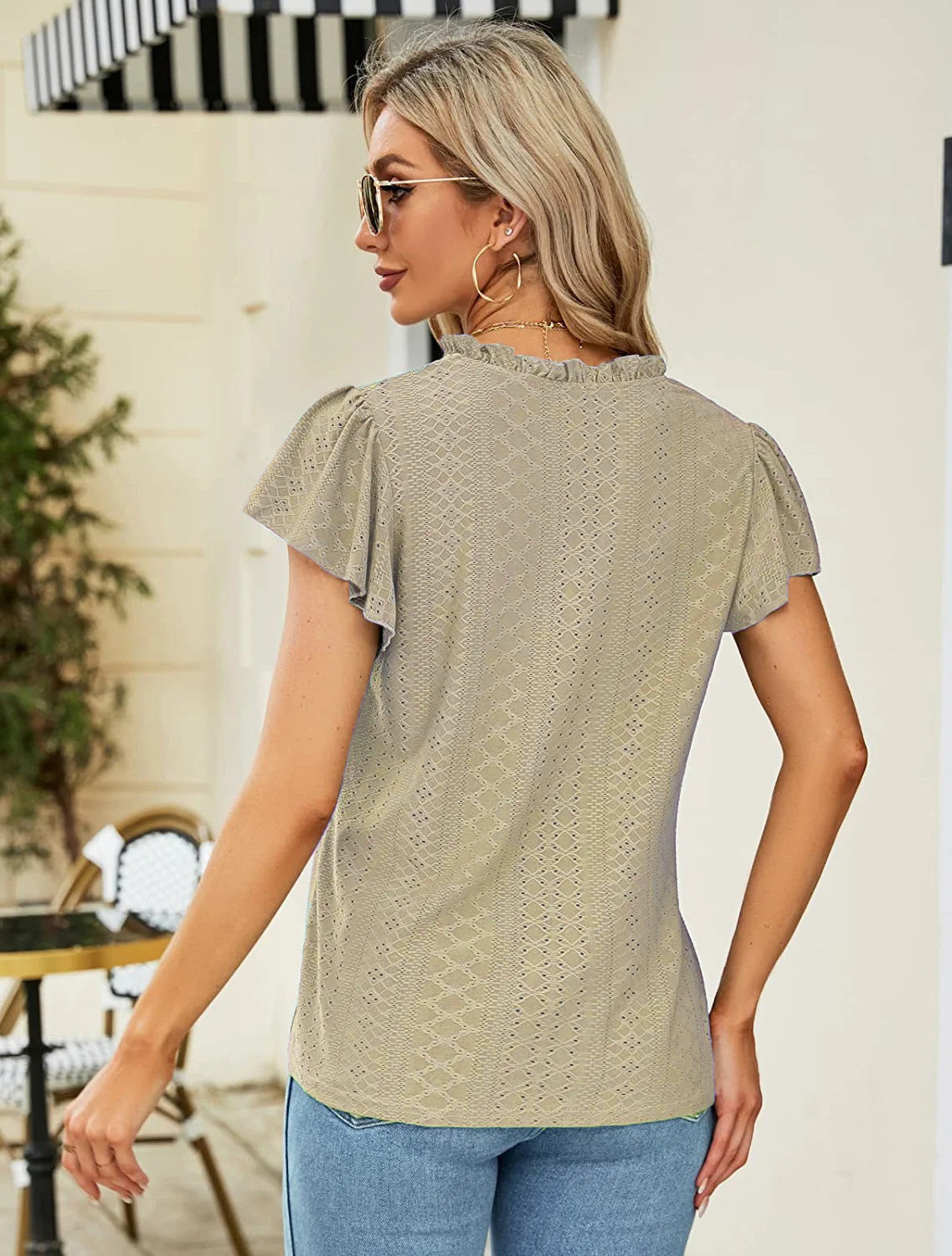 Jacquard V-neck Pile Sleeve Short Sleeve