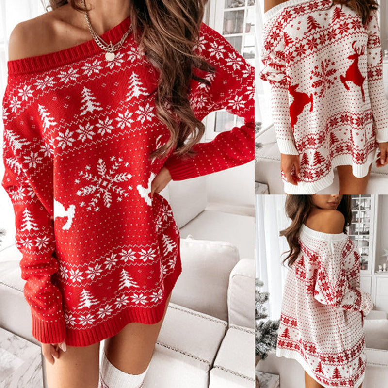 Christmas Jacquard Loose Knit Long Sleeve Dress