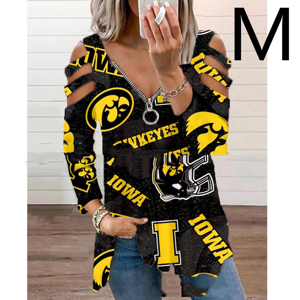 Halloween Theme Digital Printing Hollow V-neck Long-sleeved T-shirt