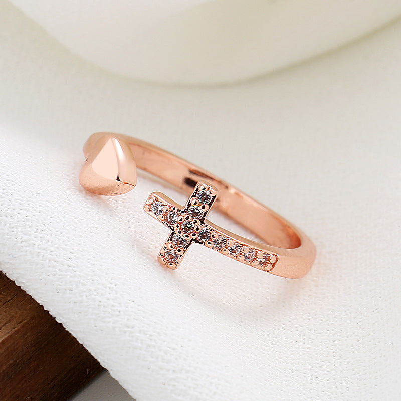 Cross Heart Ring With Rhinestones Open Adjustable Ring Ins Fashion Jewelry Accessories