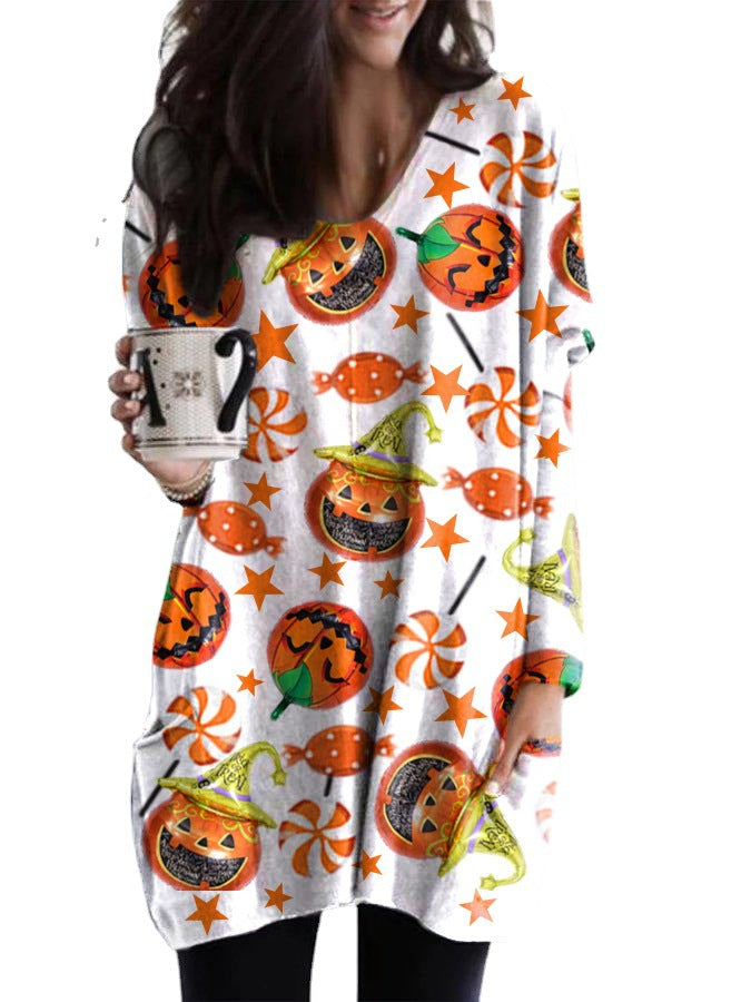 Halloween Theme Multicolor Printed Long-sleeved Women's T-shirt