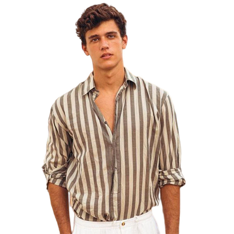 Men's Lapel Casual Shirt With Striped Long Sleeves