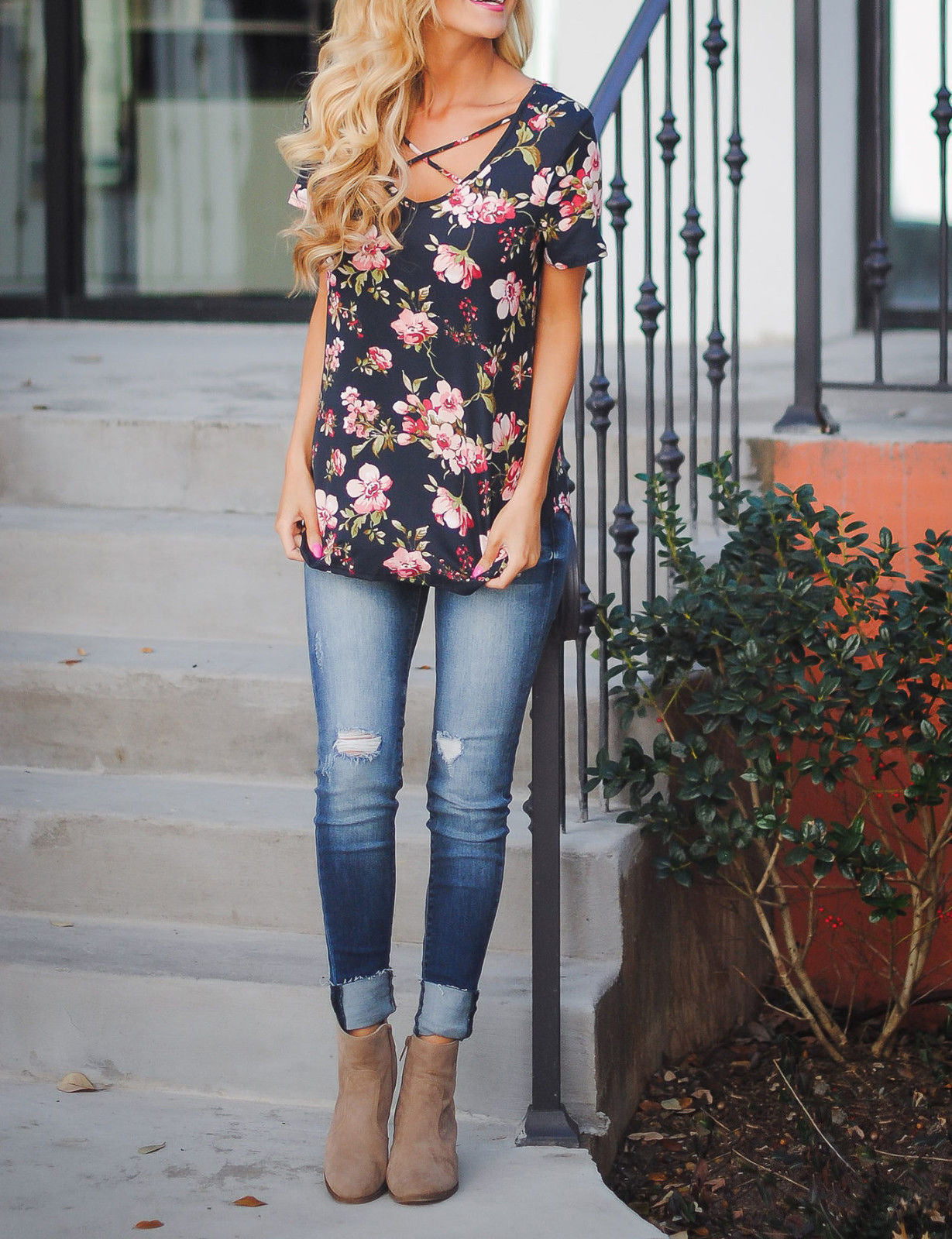 Flower Print Cross Front Short Back Long T-shirt