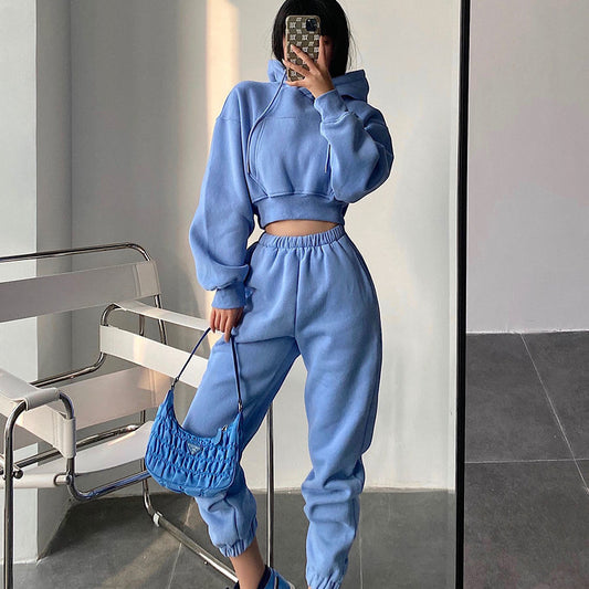 Hooded Short Pocket Plus Fleece Hoodie High Waist Loose Bunched Sweatpants Two-piece Set