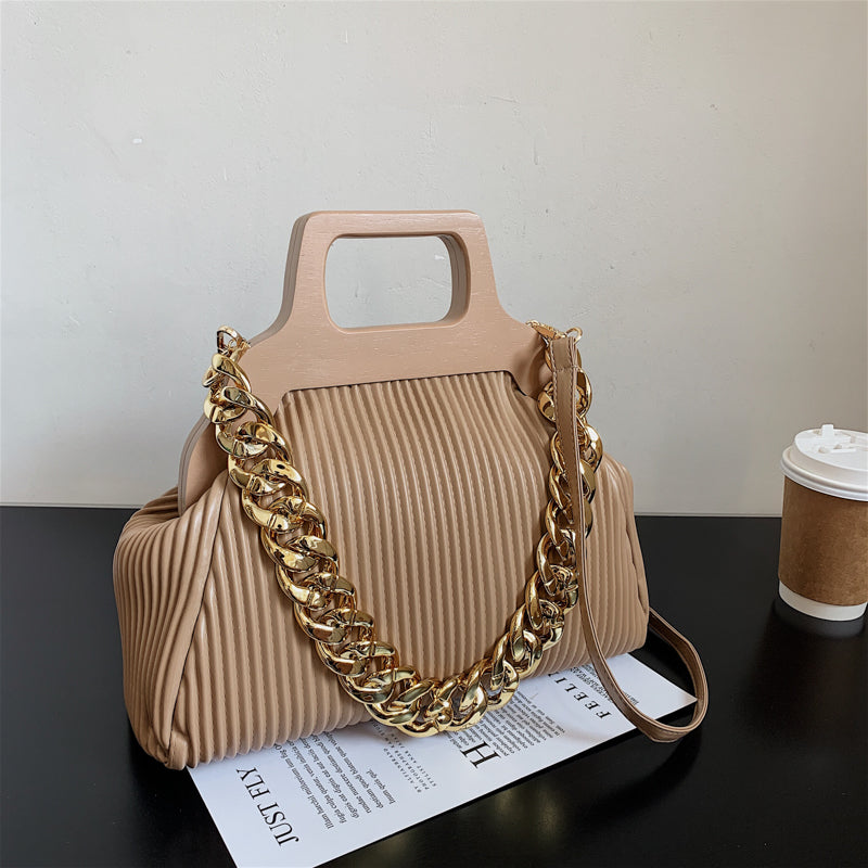 Thick Chain Small PU Leather Shoulder Crossbody Bags With Short Wooden Handle For Women 2022 Winter Luxury Simple Lady Handbags