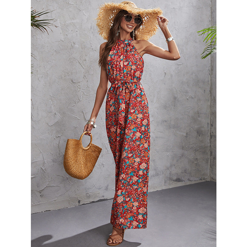 Women's Fashion Casual Hanging Neck Sleeveless Waist Wide-Legged Jumpsuit