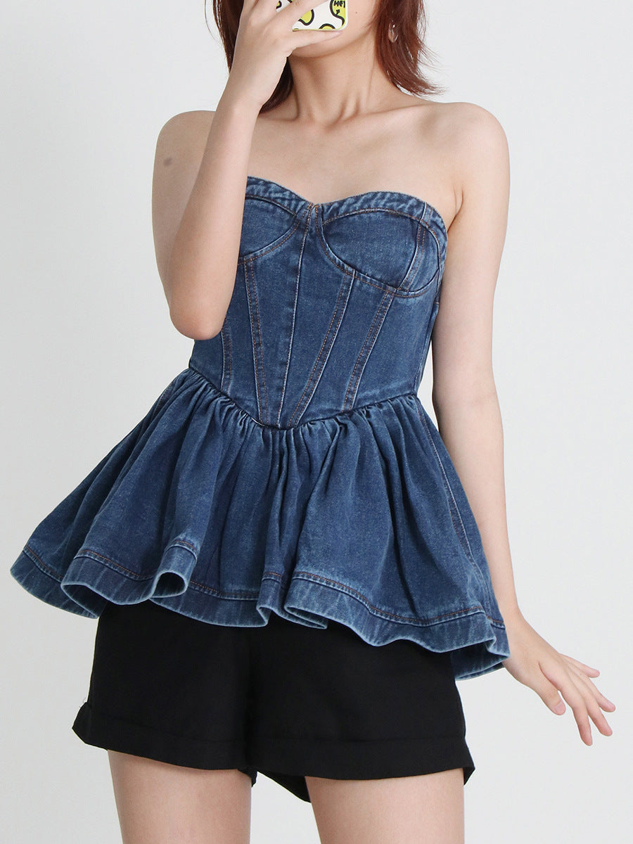 New Design Temperament Denim Bra Wash Ruffle Top Female