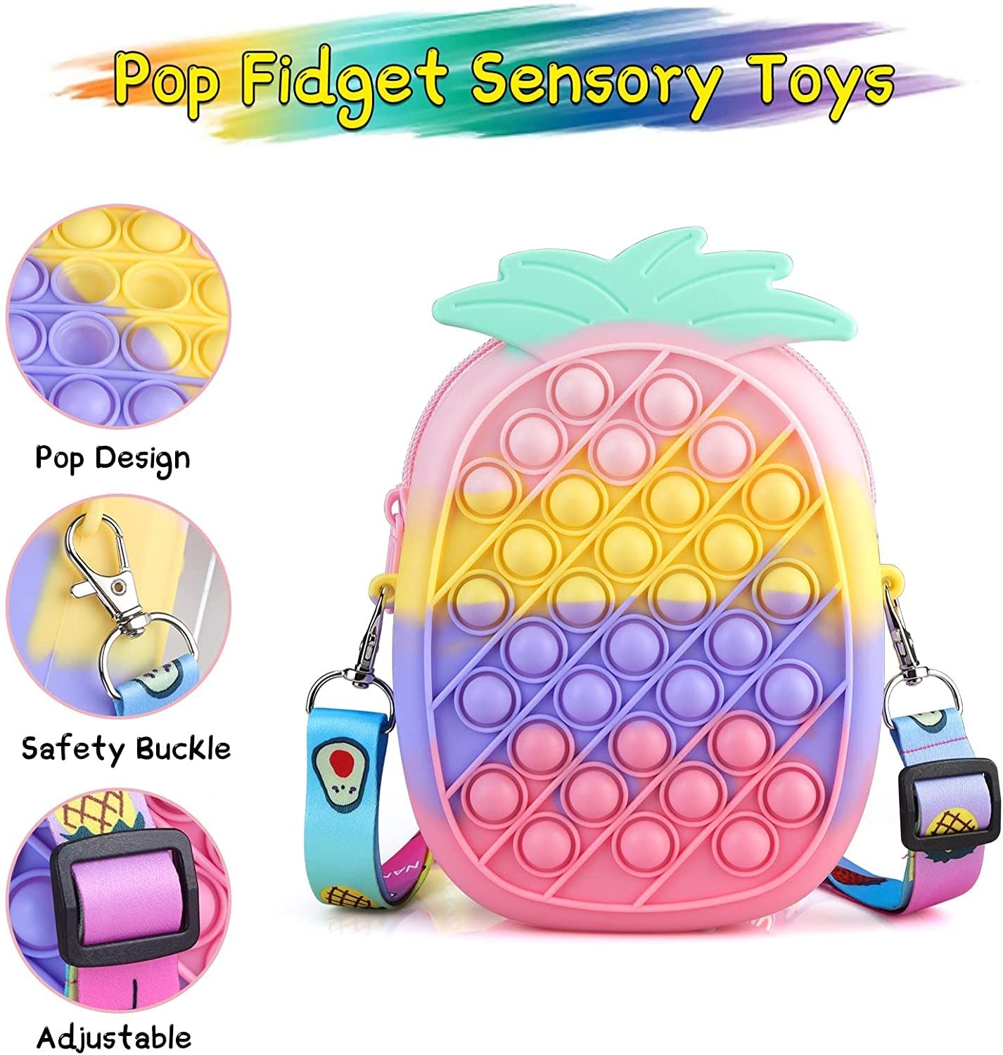 Pop Shoulder Bag Purse Fidget Sensory Toys, Colorful Pineapple Crossbody Bag Push for Girls Women Kids Gifts