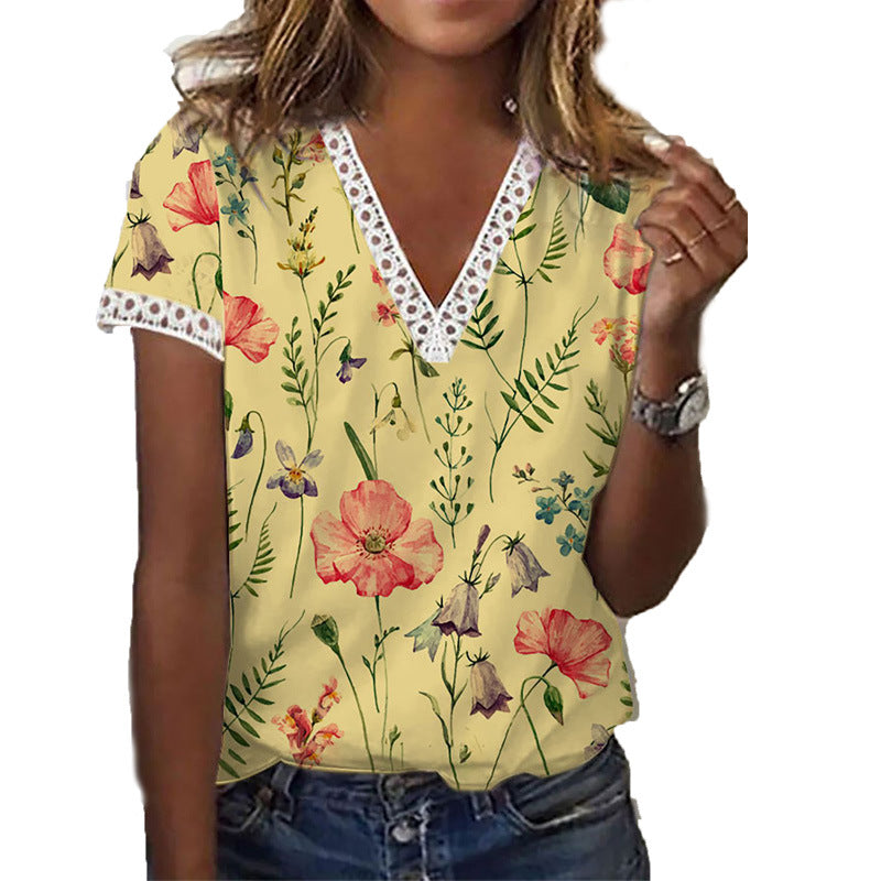 Printed V Neck Short Sleeved T Shirt