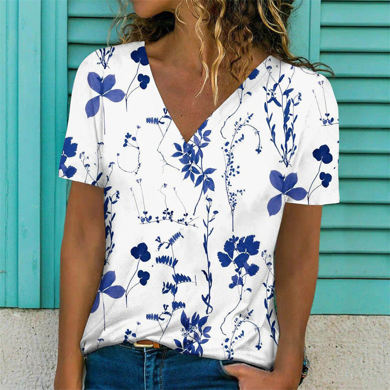 Flowers Print T-Shirt Casual Short Sleeve V-Neck Pullover Tops Women