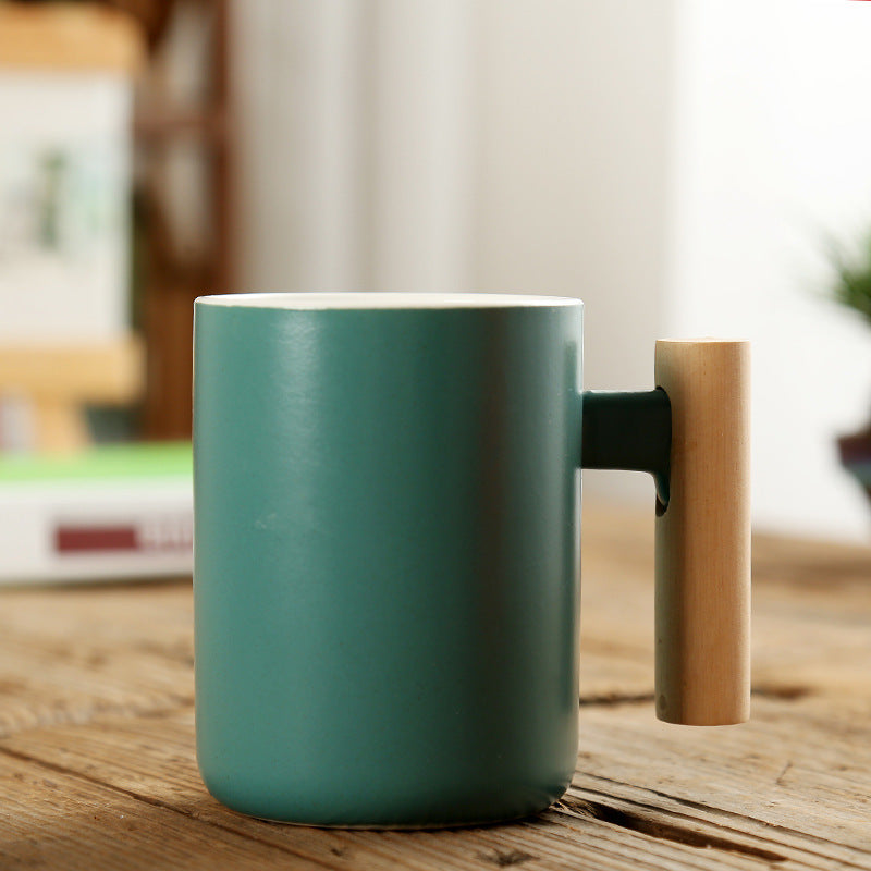 Simple Straight Ceramic Mug With Wooden Handle