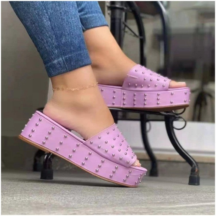 Women Rivet Slippers Summer High Heel Plats Shoes Peep-toe Beach Shoes