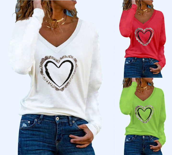 Heart Pattern Printing V-neck Long-sleeved All-match Female T-shirt Bottoming Shirt