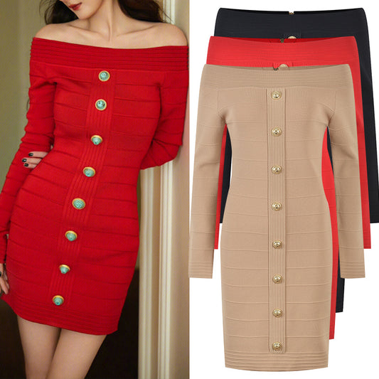 One-line Shoulder Red Knitted Bag Buttock Dress High Waist Small Fragrance Short Skirt