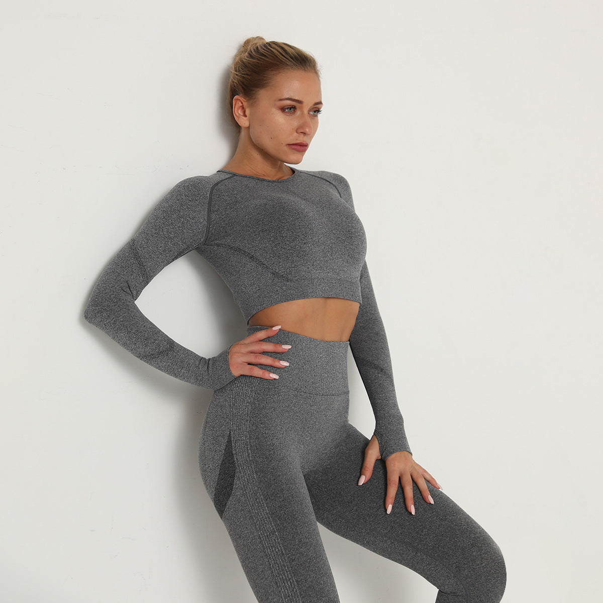 Europe And The United States Seamless Long Sleeve High Elastic Pleated Quick Dry Long Sleeve Fitness Yoga Clothing Top