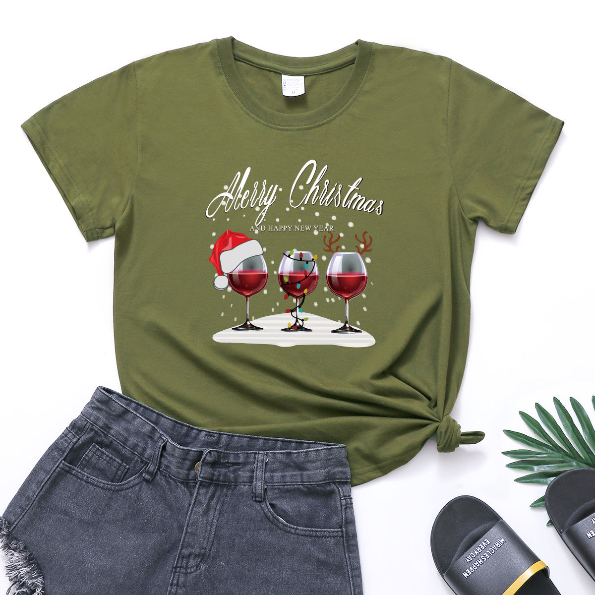 Christmas Three Wine Glasses Print Short Sleeve