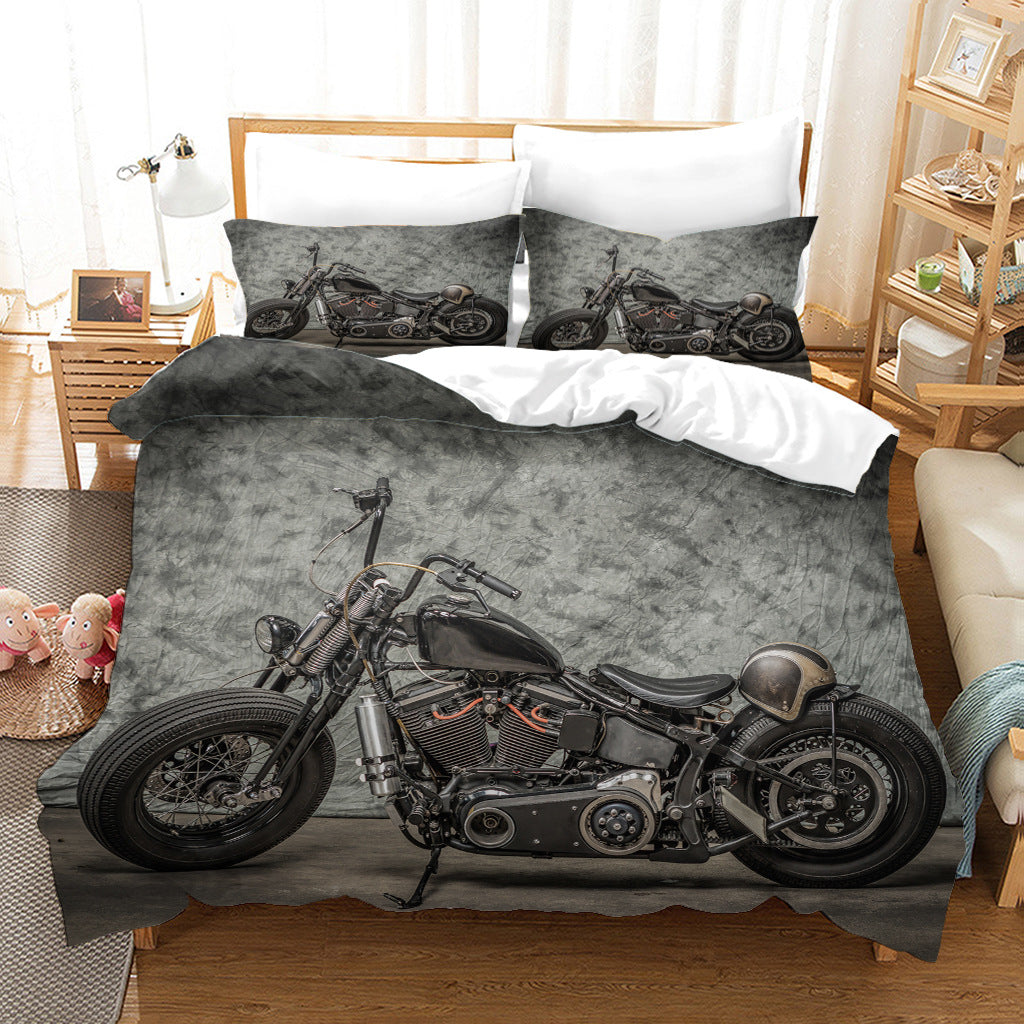 Dark Retro Motorcycle Quilt Cover Three-piece Set