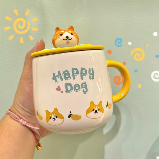 Cute Cartoon Ceramic Breakfast Cup With Lid Spoon