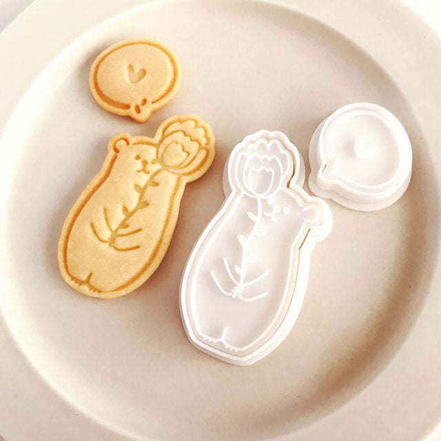 Kitten Bear Puppy Holding Flower Animal & Floral Cookie Mould