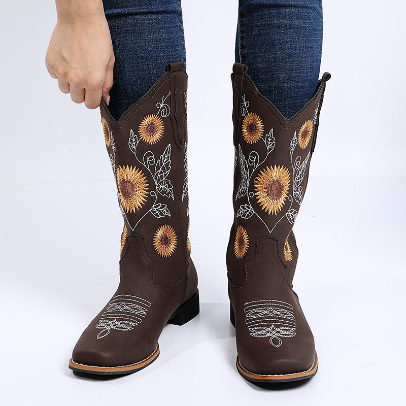 Cowboy Boots Women Sunflower Embroidery Shoes Low Heel Western Boot